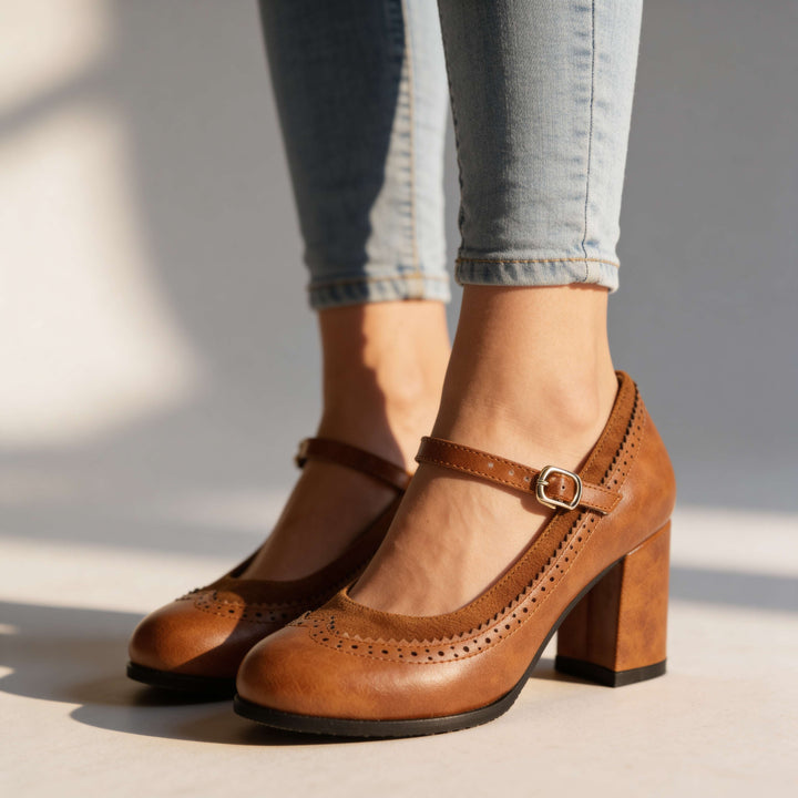 Women's Leather Mary Jane Pumps with Buckle Strap