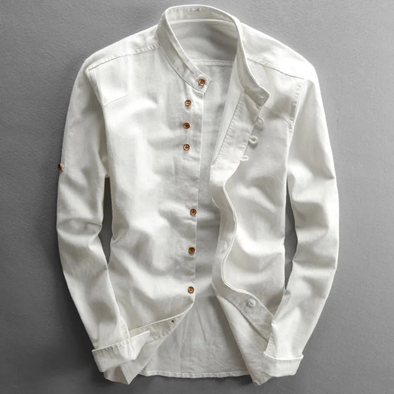 Men's Cotton Mandarin Collar Button-Up Shirt