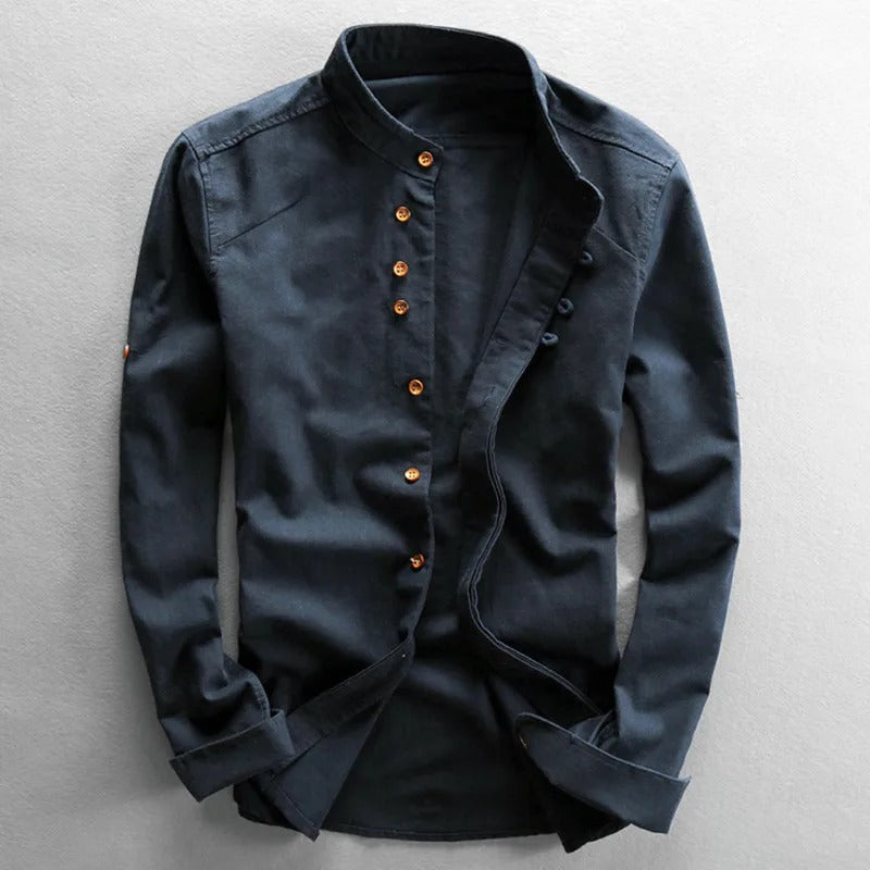 Men's Cotton Mandarin Collar Button-Up Shirt