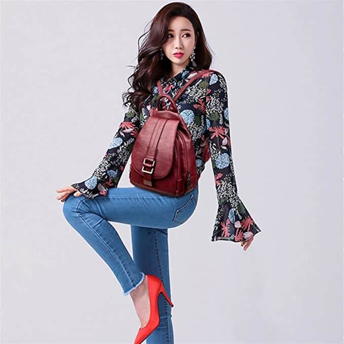 Women's Leather Backpack with Buckle Flap Closure