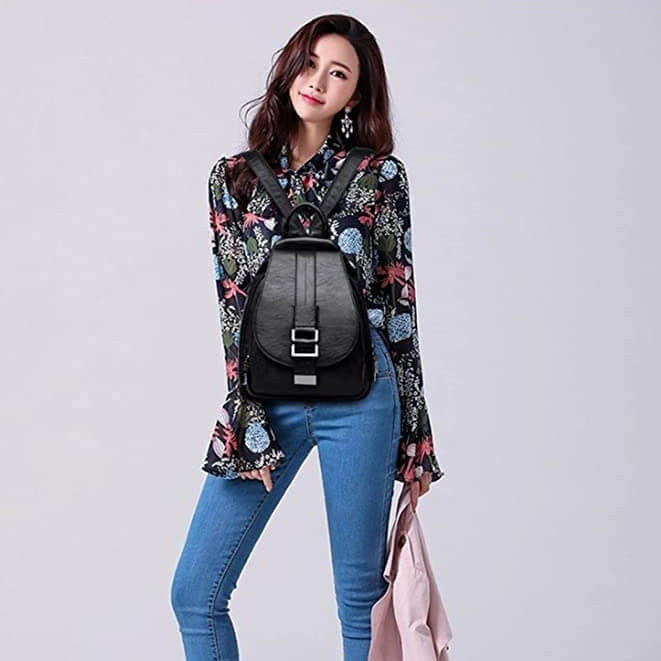 Women's Leather Backpack with Buckle Flap Closure