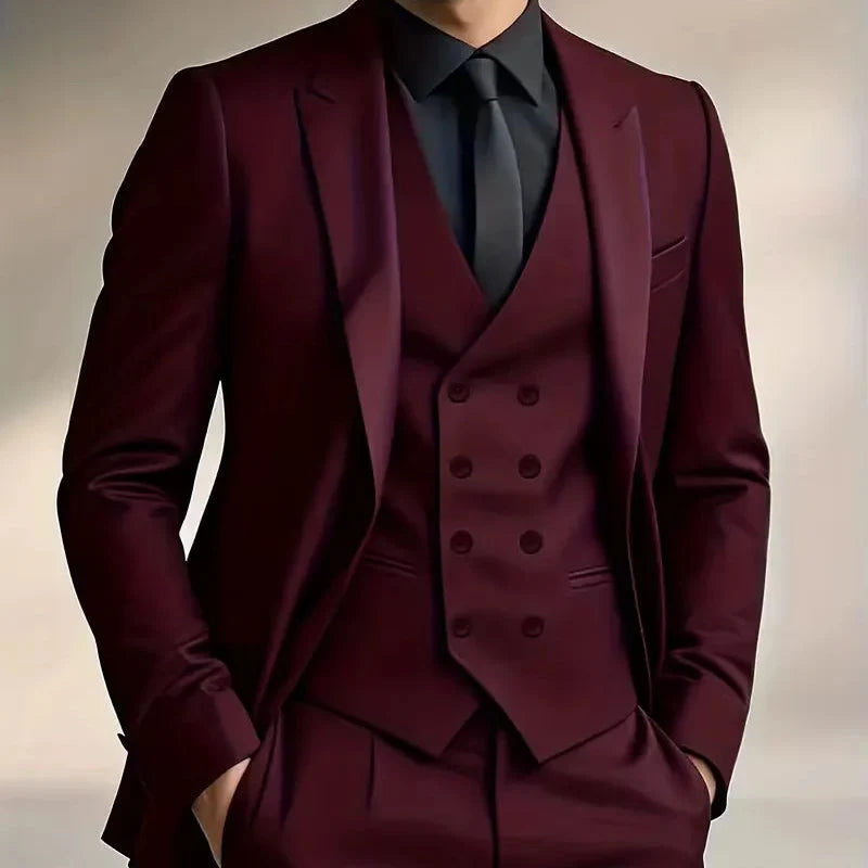 Men's Slim Fit Three Piece Suit with Double Breasted Waistcoat