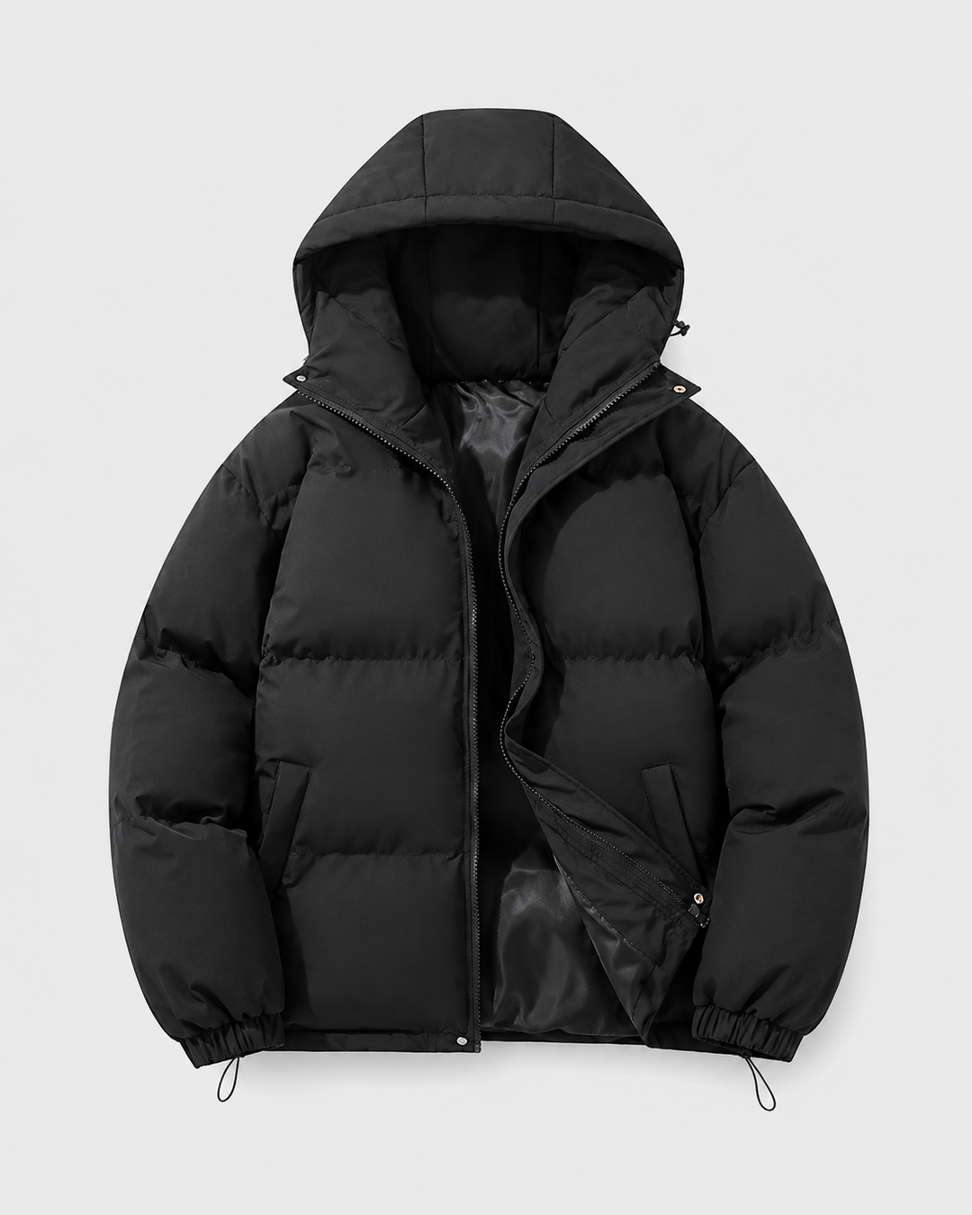 Men's Hooded Puffer Jacket with Drawstring Hem