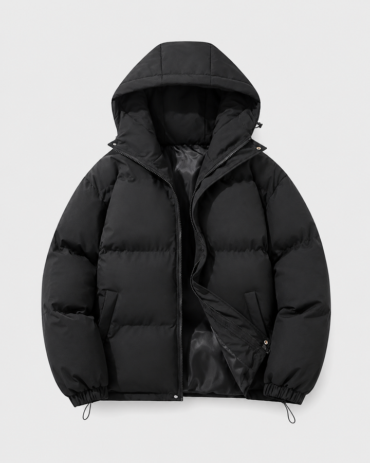 Men's Hooded Puffer Jacket with Drawstring Hem