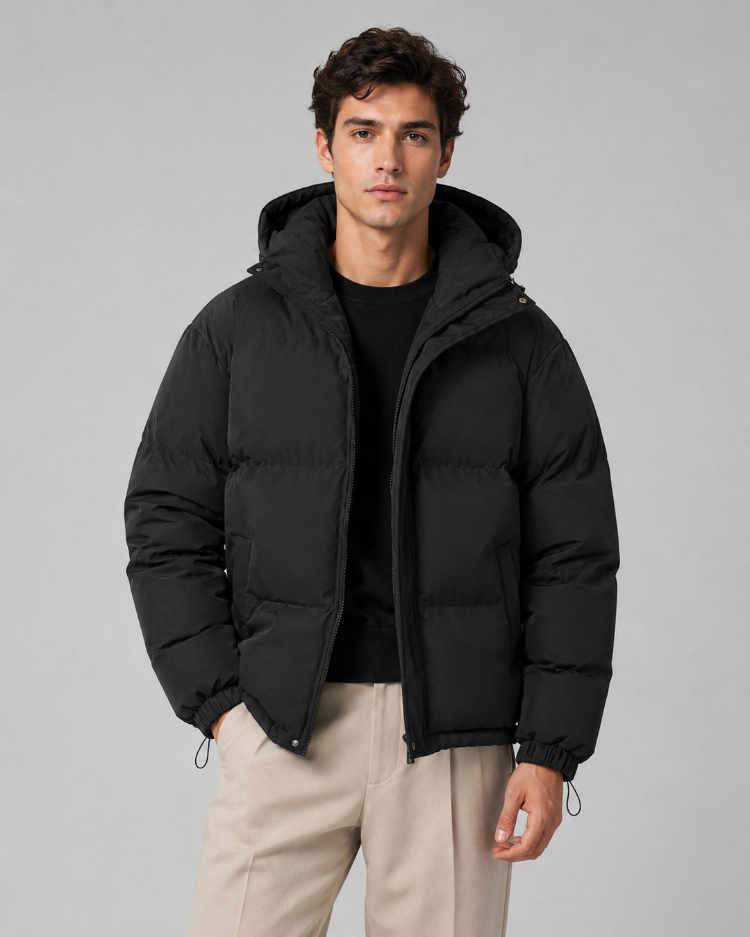 Men's Hooded Puffer Jacket with Drawstring Hem