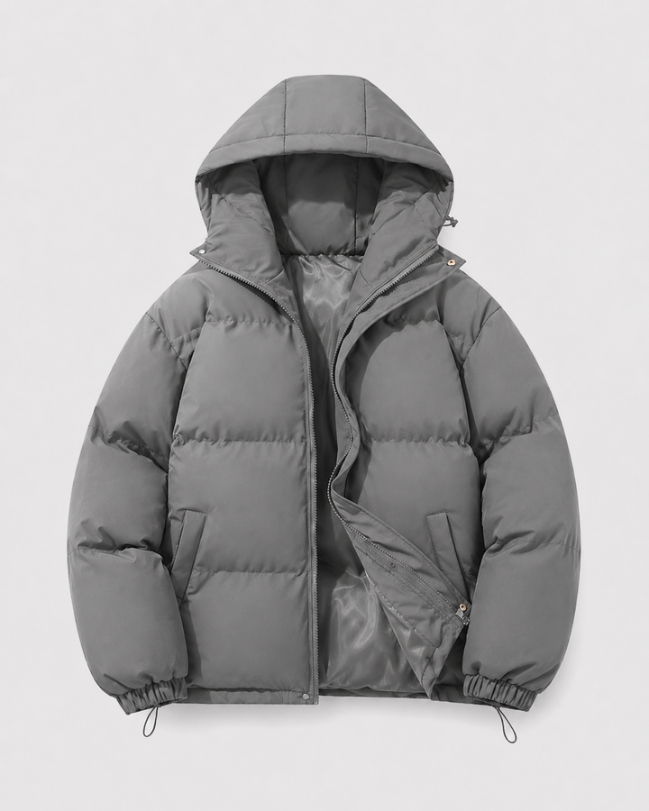Men's Hooded Puffer Jacket with Drawstring Hem