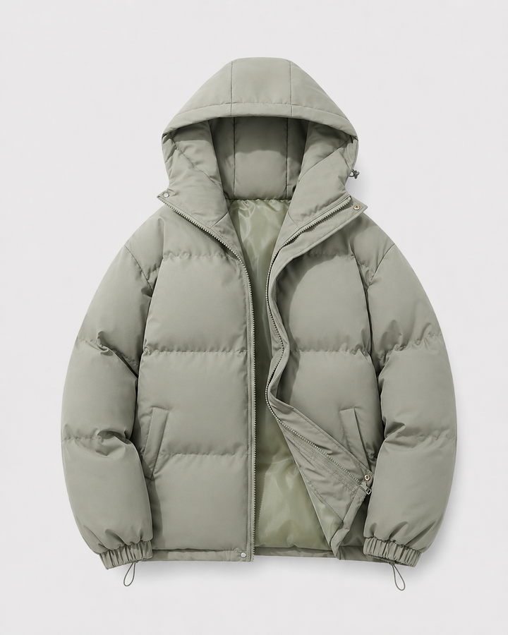 Men's Hooded Puffer Jacket with Drawstring Hem