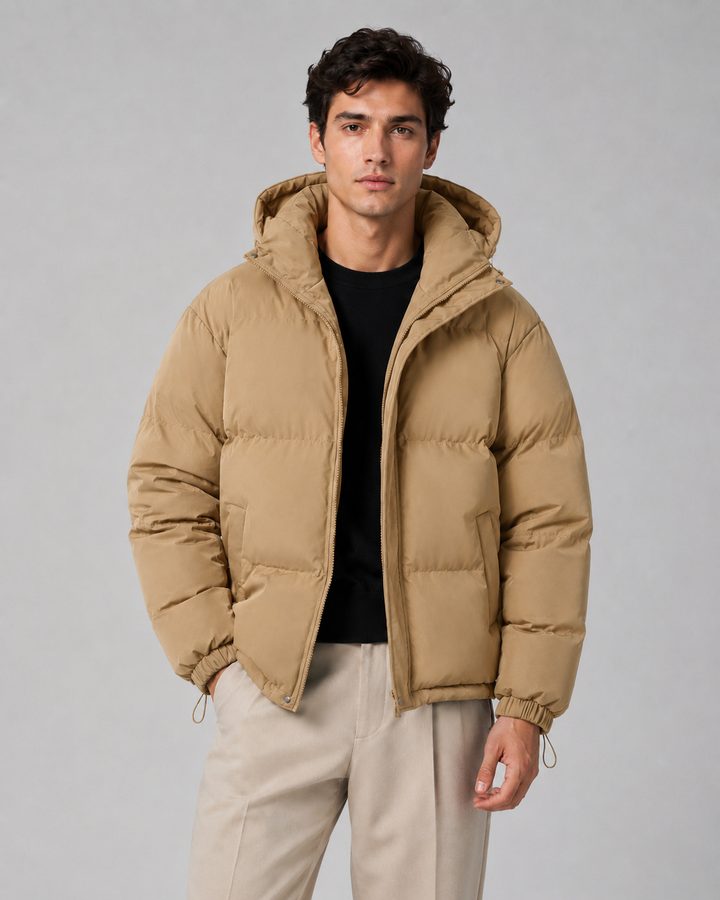 Men's Hooded Puffer Jacket with Drawstring Hem