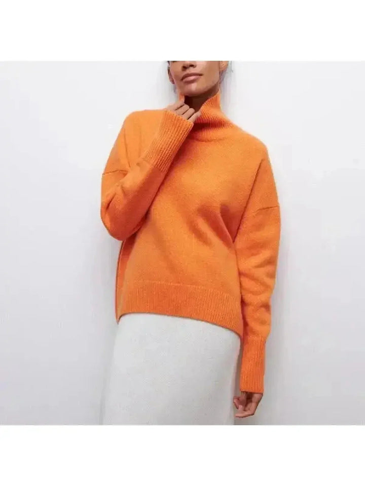 Women's Cotton-Blend Turtleneck Sweater with Elbow-Length Sleeves