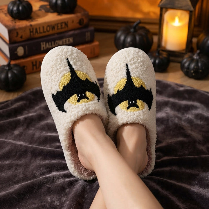 Bat Print Fleece Halloween Slippers with Cosy Lining