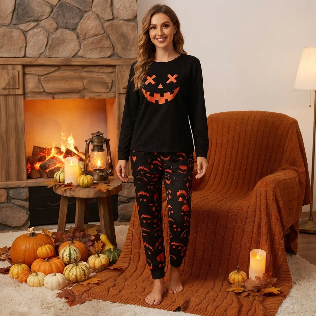 Women's Pumpkin Face Halloween Pajama Set