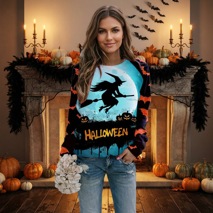 Women's Witch Print Halloween Sweatshirt with Bat Sleeves