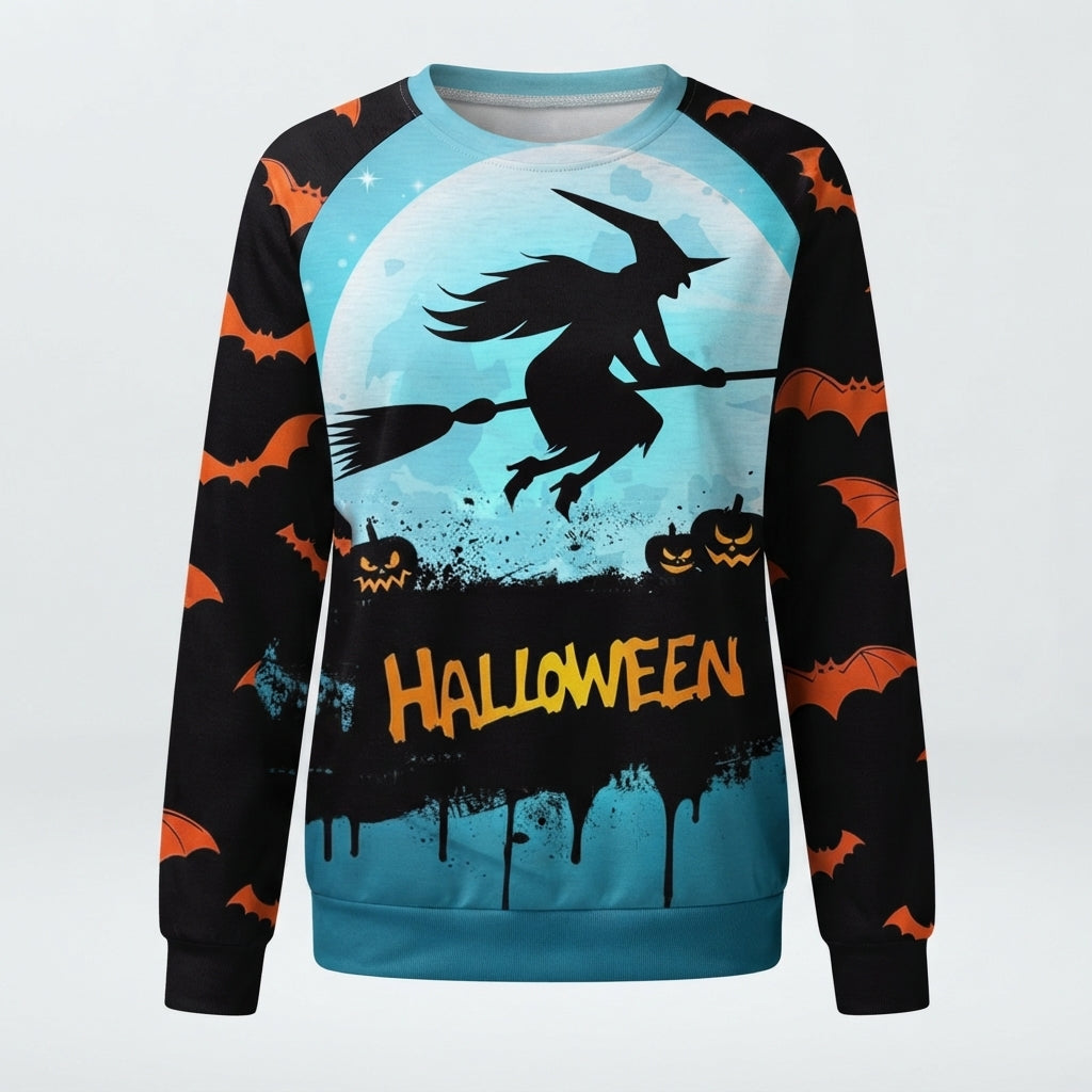 Women's Witch Print Halloween Sweatshirt with Bat Sleeves