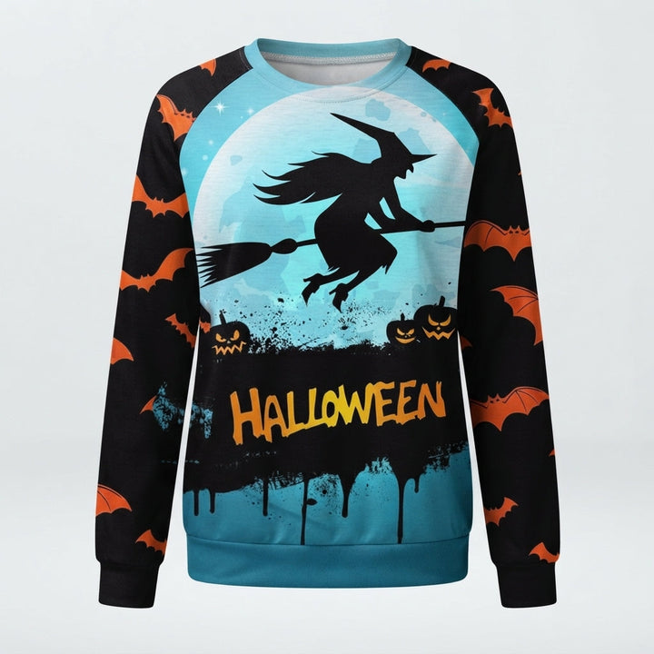 Women's Witch Print Halloween Sweatshirt with Bat Sleeves