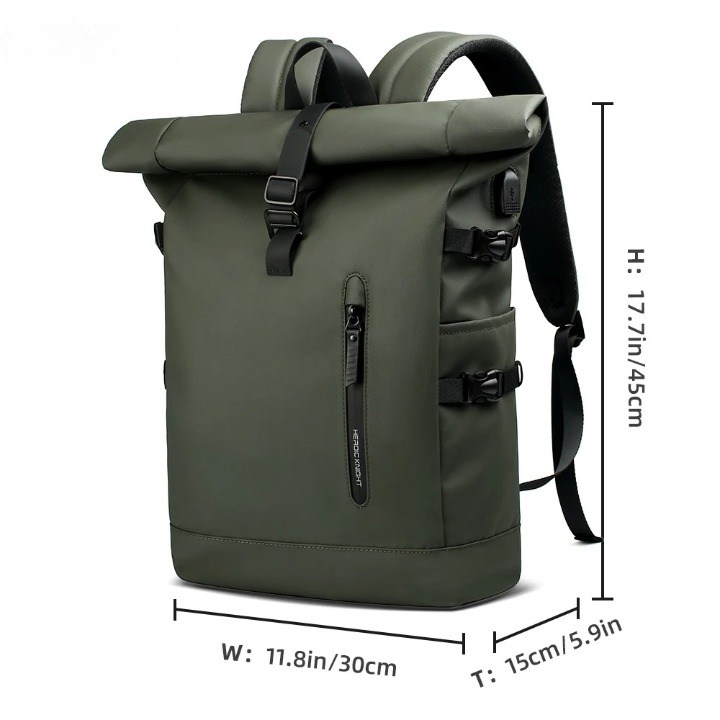 Waterproof Roll Top Laptop Backpack with USB Charging Port
