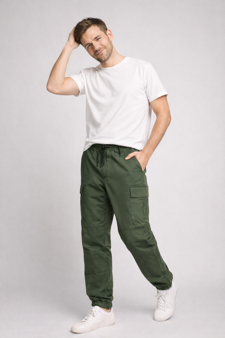 Men's Cotton Cargo Jogger Pants with Elastic Cuffs