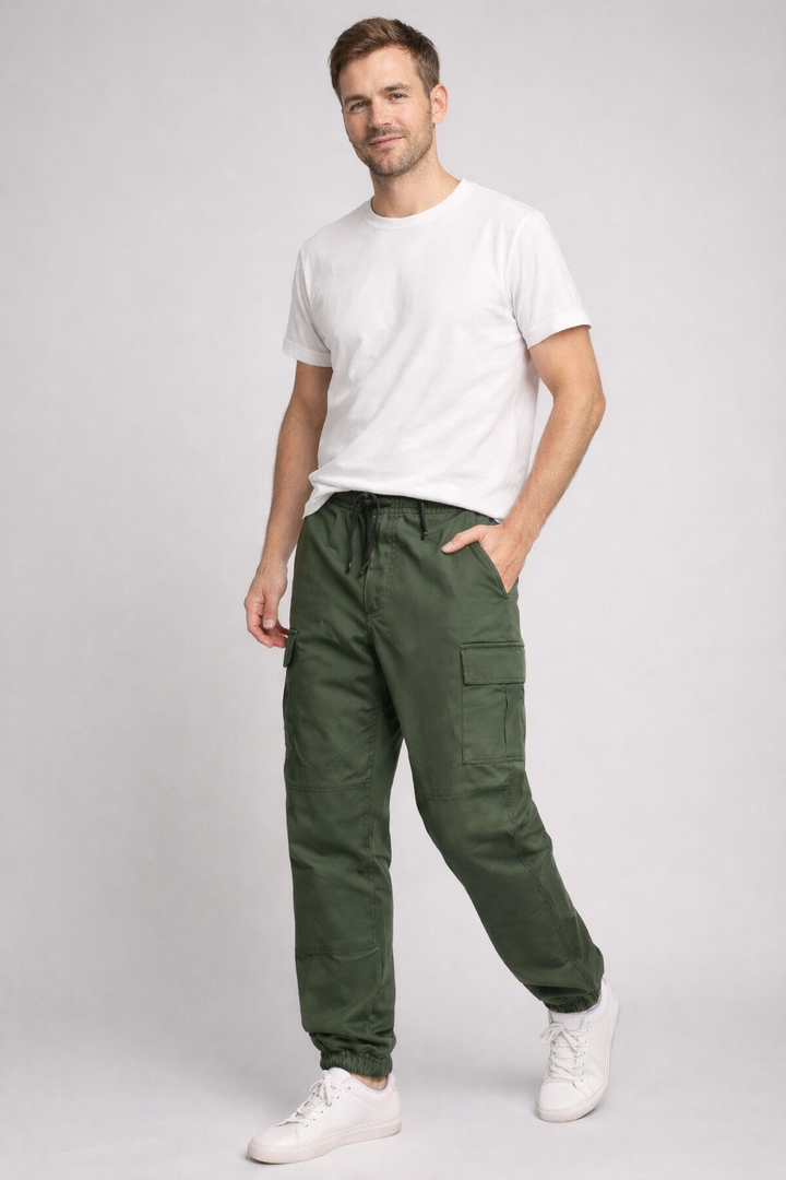 Men's Cotton Cargo Jogger Pants with Elastic Cuffs