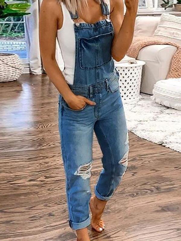 Women's Distressed Denim Overalls in Relaxed Fit