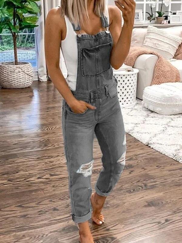 Women's Distressed Denim Overalls in Relaxed Fit