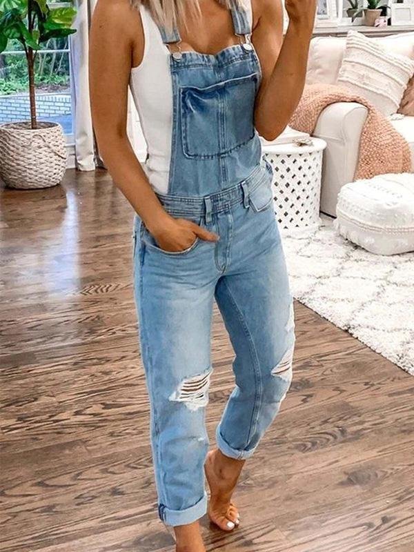 Women's Distressed Denim Overalls in Relaxed Fit