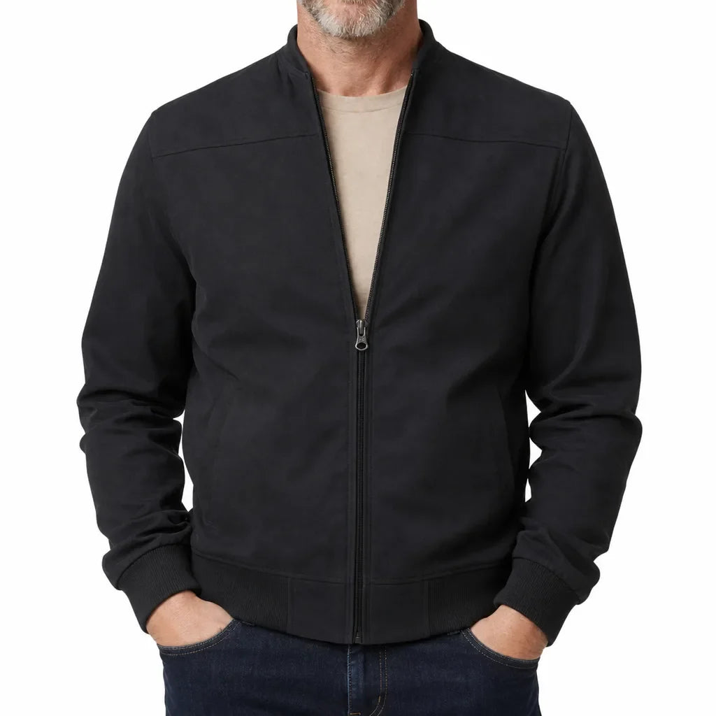 Men's Suede Bomber Jacket with Ribbed Trim