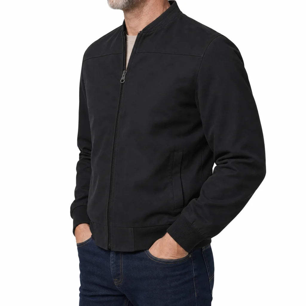 Men's Suede Bomber Jacket with Ribbed Trim