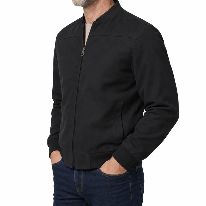 Men's Suede Bomber Jacket with Ribbed Trim