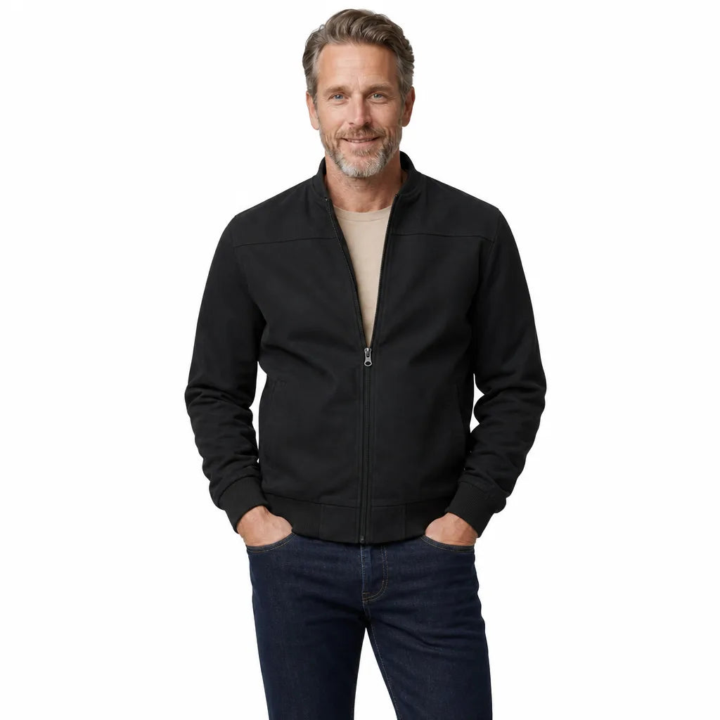 Men's Suede Bomber Jacket with Ribbed Trim