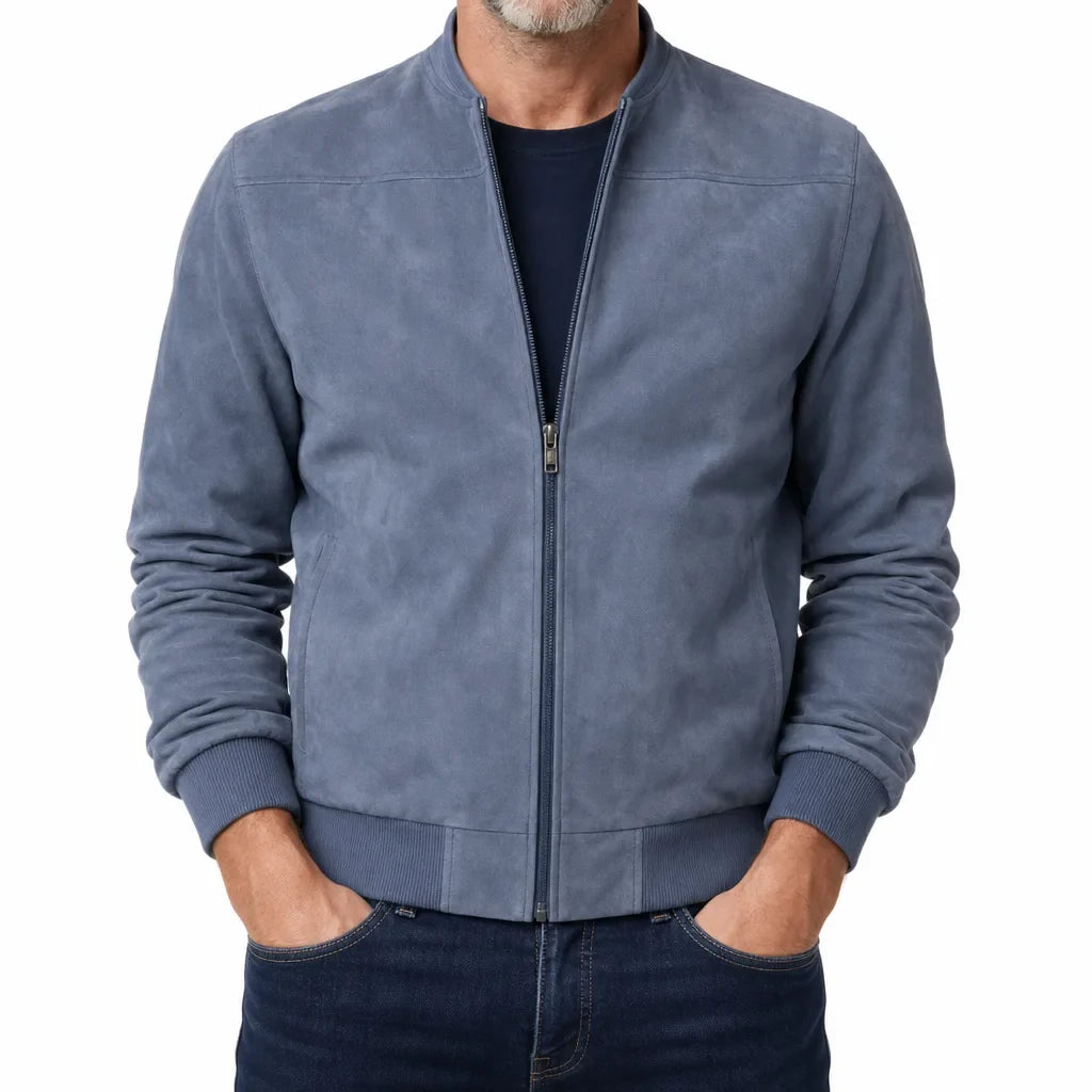 Men's Suede Bomber Jacket with Ribbed Trim