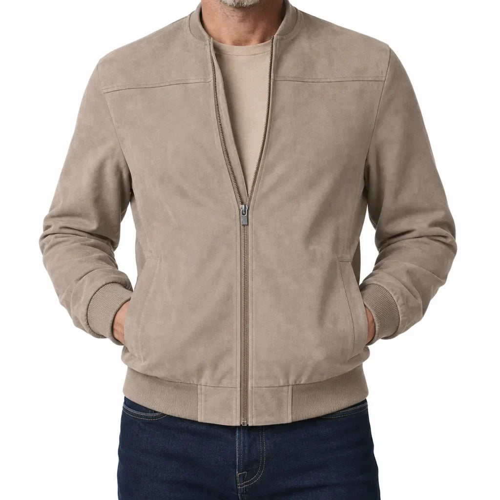 Men's Suede Bomber Jacket with Ribbed Trim