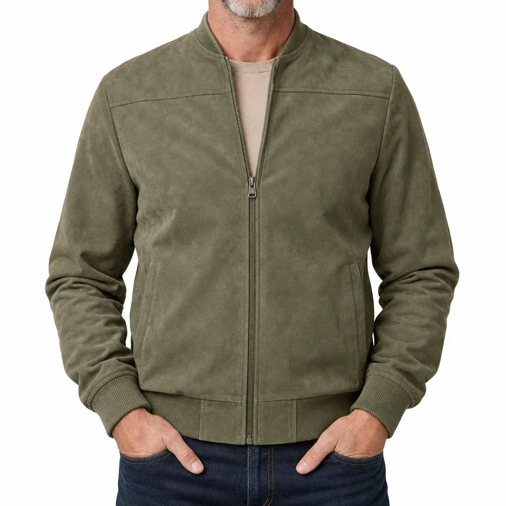 Men's Suede Bomber Jacket with Ribbed Trim