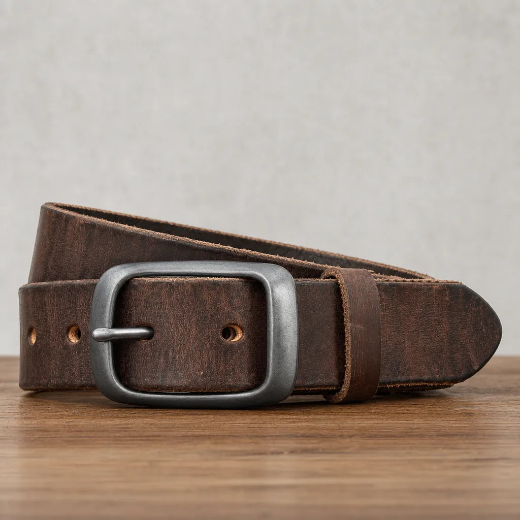 Men's Distressed Leather Belt with Gunmetal Buckle