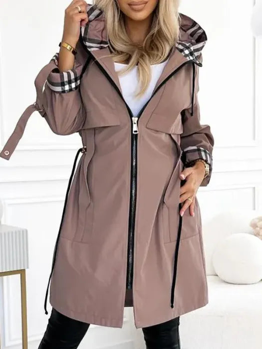 Women's Hooded Trench Jacket with Check-Print Lining