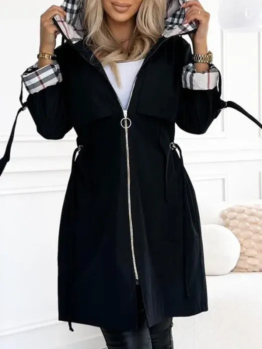 Women's Hooded Trench Jacket with Check-Print Lining