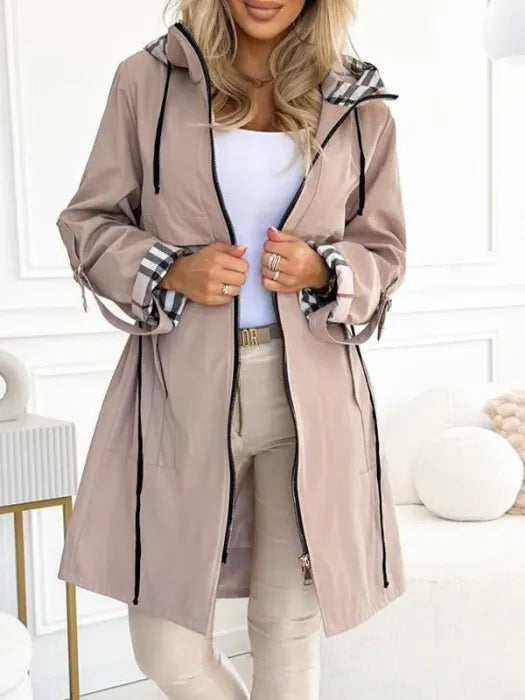 Women's Hooded Trench Jacket with Check-Print Lining
