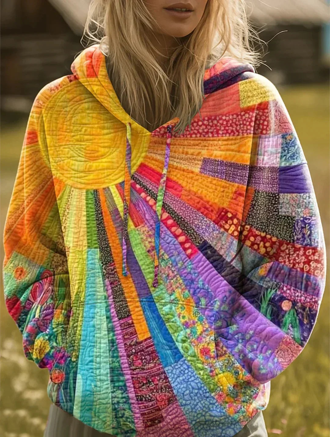 Women's Patchwork Sun Print Hoodie in Relaxed Fit