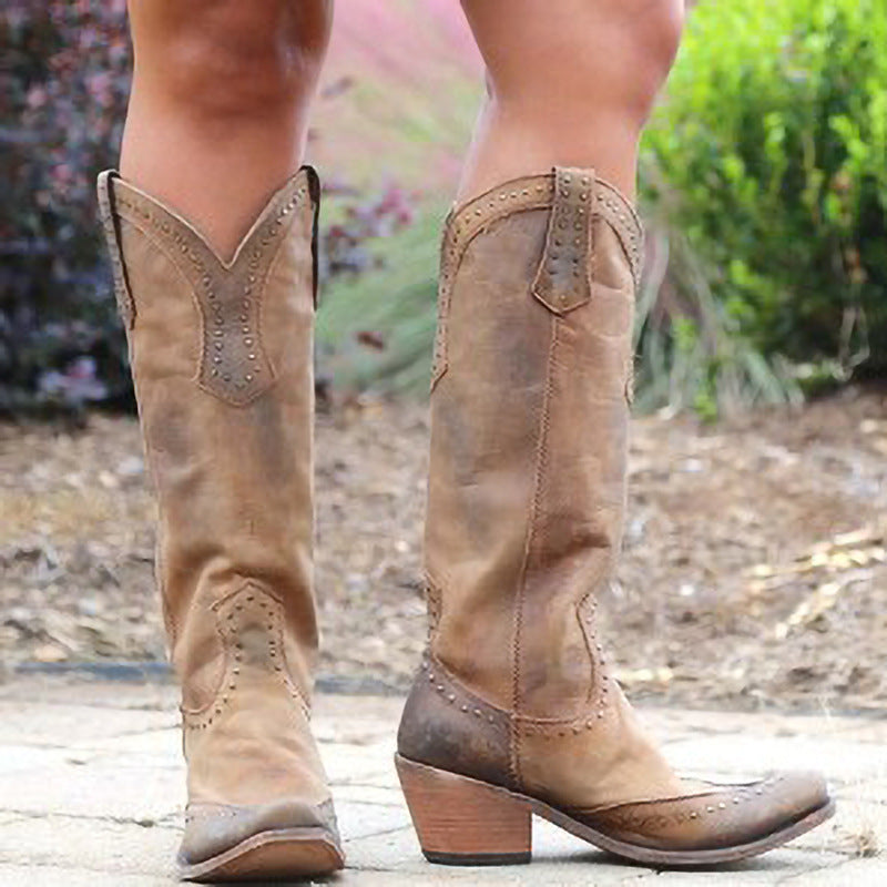 Women's Leather Cowgirl Boots with Studded Trim