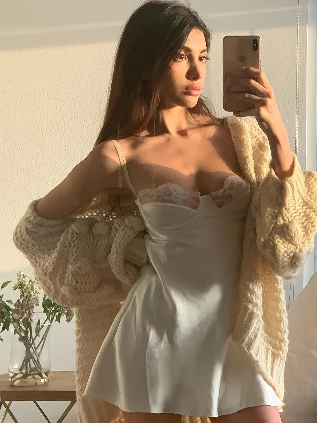 Women's Satin Lace Trim Mini Slip Dress