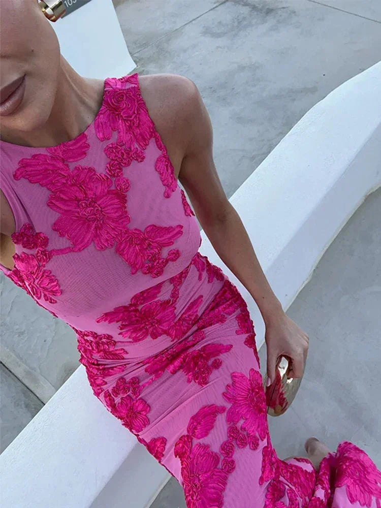 Women's Floral Print Fitted Maxi Dress