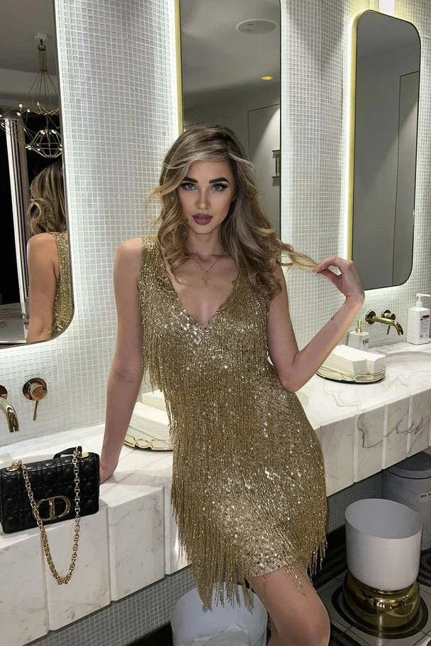 Sequin Fringe Mini Cocktail Dress