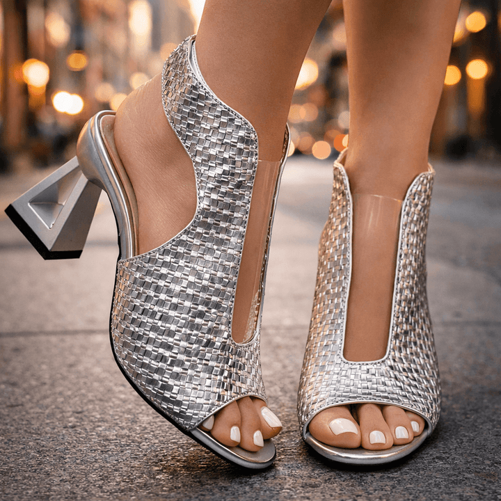 Women's Woven Peep-Toe Heeled Sandals with Sculptural Heel
