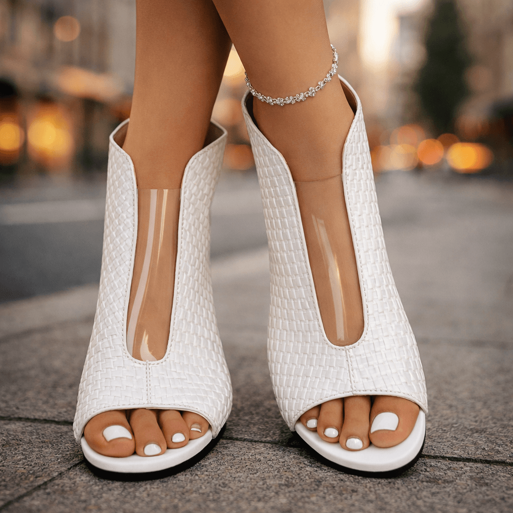 Women's Woven Peep-Toe Heeled Sandals with Sculptural Heel
