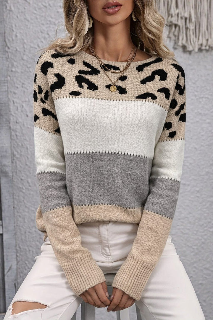 Women's Leopard Print Colorblock Knit Sweater