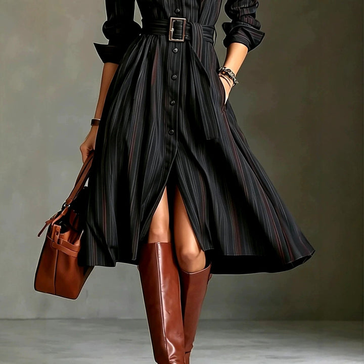 Women's Striped Belted Shirt Dress
