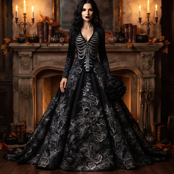 Women's Gothic Skeleton Halloween Costume Dress with Rose Embroidery
