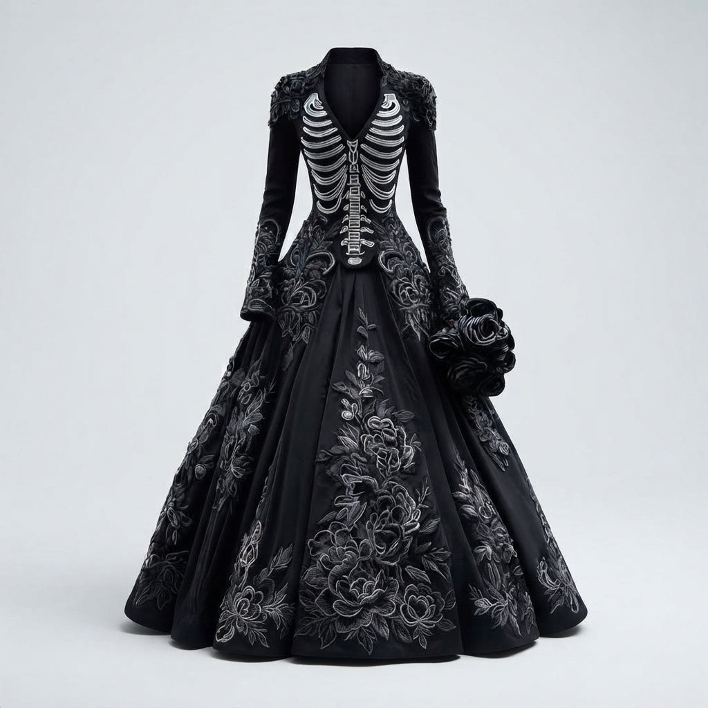 Women's Gothic Skeleton Halloween Costume Dress with Rose Embroidery