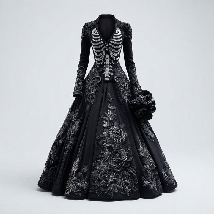 Women's Gothic Skeleton Halloween Costume Dress with Rose Embroidery