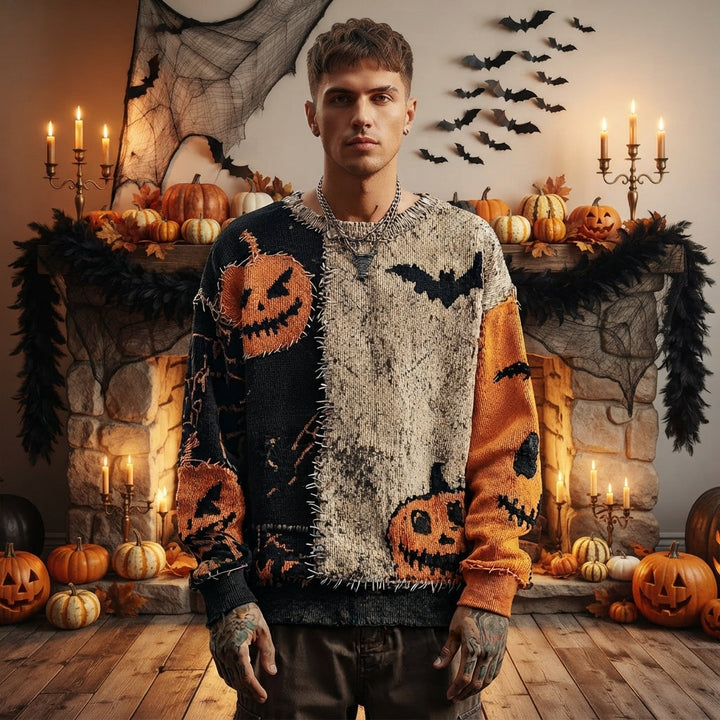 Men's Pumpkin Bat Halloween Sweater with Pullover Fit