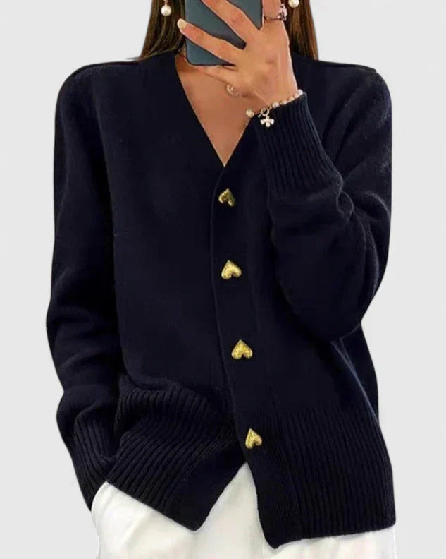 Heart Button V Neck Knit Cardigan