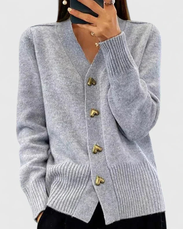 Heart Button V Neck Knit Cardigan